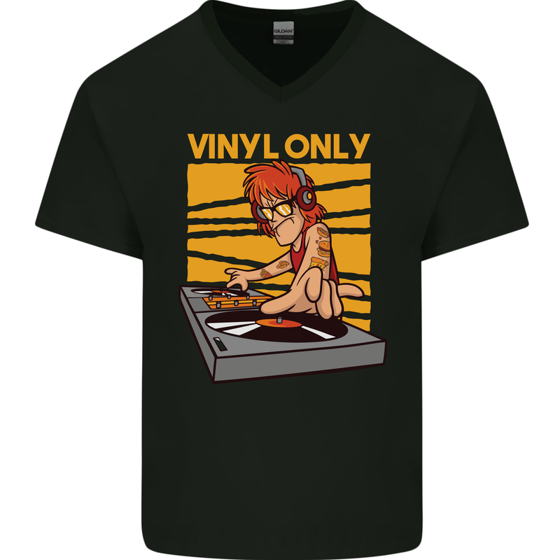 DJ Decks Vinyl Only Funny DJing Turntable Mens V-Neck Cotton T-Shirt Black