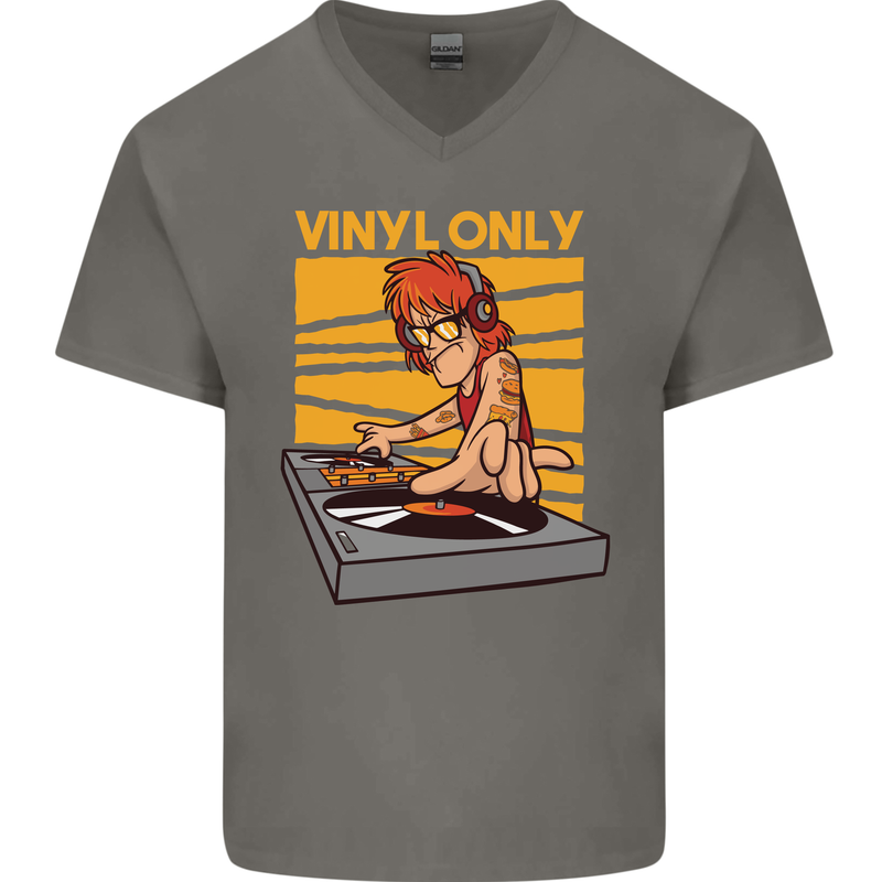 DJ Decks Vinyl Only Funny DJing Turntable Mens V-Neck Cotton T-Shirt Charcoal