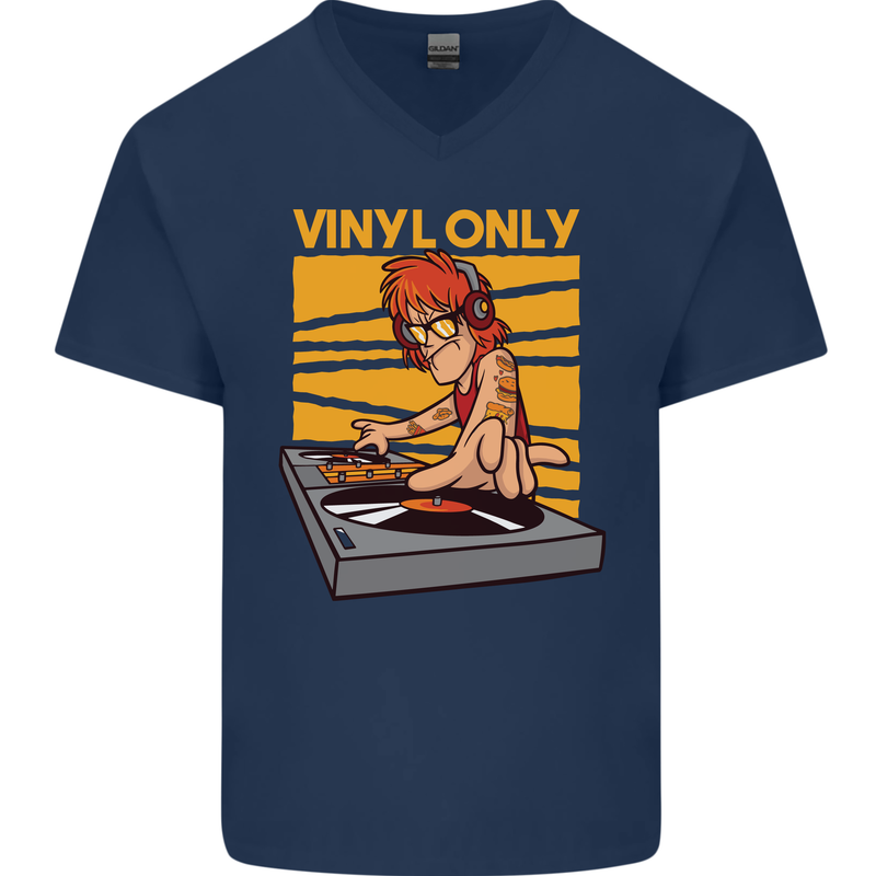 DJ Decks Vinyl Only Funny DJing Turntable Mens V-Neck Cotton T-Shirt Navy Blue
