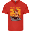 DJ Decks Vinyl Only Funny DJing Turntable Mens V-Neck Cotton T-Shirt Red