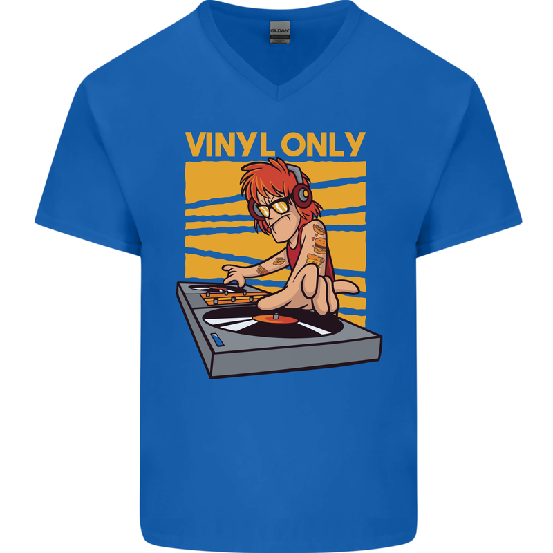 DJ Decks Vinyl Only Funny DJing Turntable Mens V-Neck Cotton T-Shirt Royal Blue