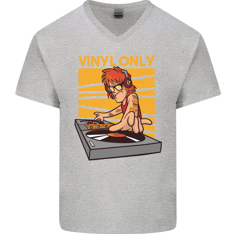 DJ Decks Vinyl Only Funny DJing Turntable Mens V-Neck Cotton T-Shirt Sports Grey