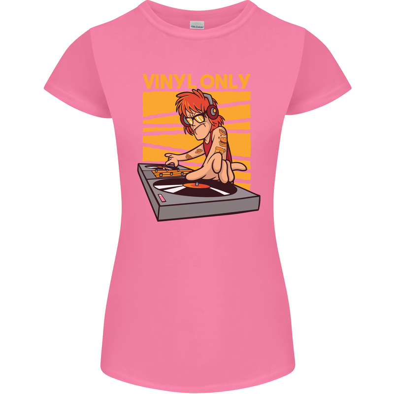 DJ Decks Vinyl Only Funny DJing Turntable Womens Petite Cut T-Shirt Azalea