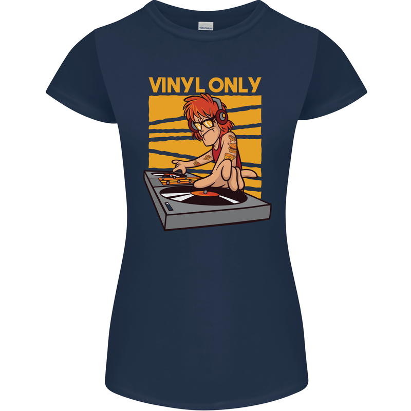 DJ Decks Vinyl Only Funny DJing Turntable Womens Petite Cut T-Shirt Navy Blue