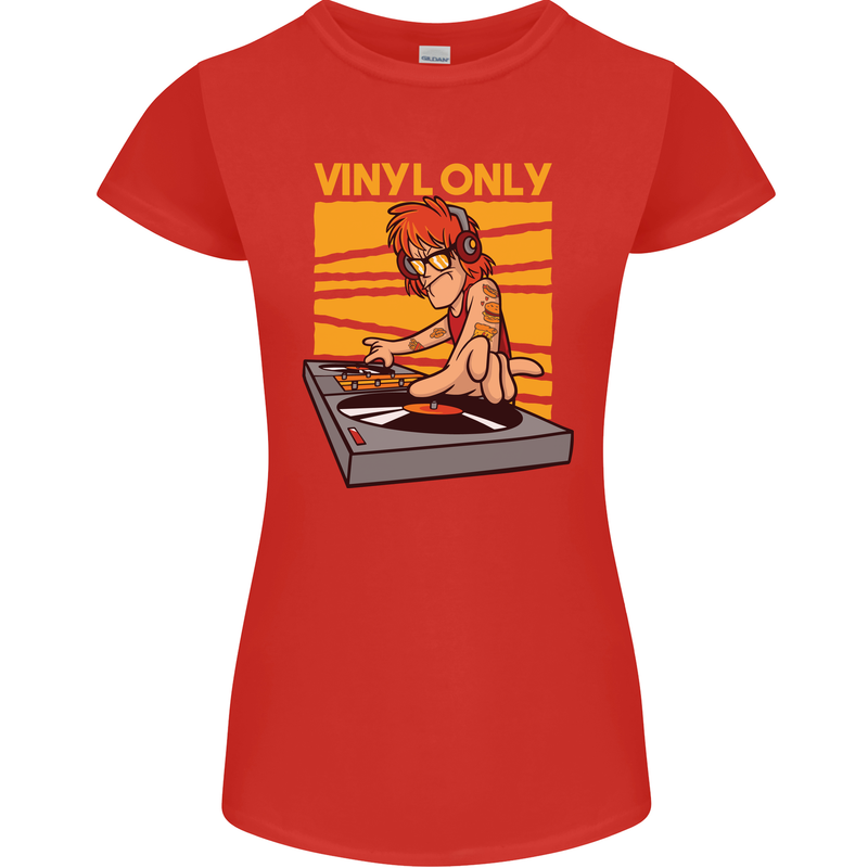 DJ Decks Vinyl Only Funny DJing Turntable Womens Petite Cut T-Shirt Red