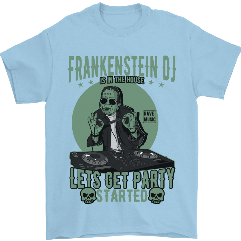 DJ Frankenstein Funny Music Vinyl Halloween Mens T-Shirt Cotton Gildan Light Blue