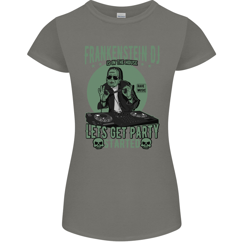 DJ Frankenstein Funny Music Vinyl Halloween Womens Petite Cut T-Shirt Charcoal
