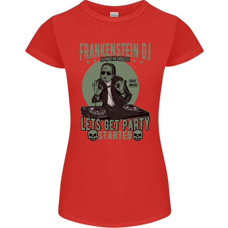 DJ Frankenstein Funny Music Vinyl Halloween Womens Petite Cut T-Shirt Red