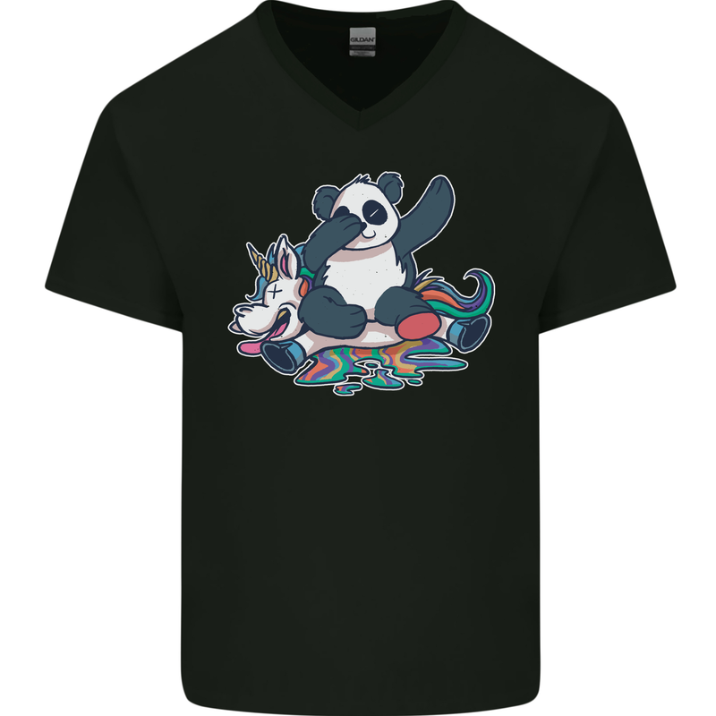 Dabbing Panda Squashing a Unicorn Funny Mens V-Neck Cotton T-Shirt Black