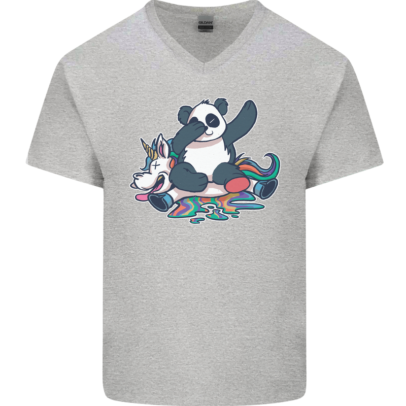 Dabbing Panda Squashing a Unicorn Funny Mens V-Neck Cotton T-Shirt Sports Grey