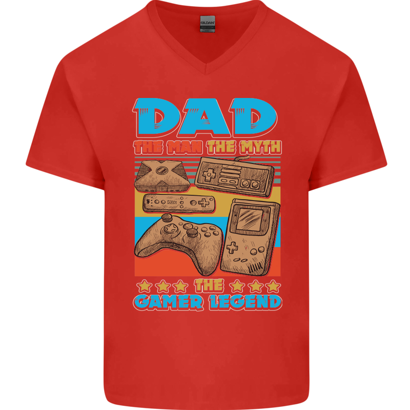 Dad Gamer Legend Fathers Day Gaming Funny Mens V-Neck Cotton T-Shirt Red