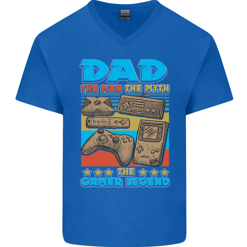 Dad Gamer Legend Fathers Day Gaming Funny Mens V-Neck Cotton T-Shirt Royal Blue