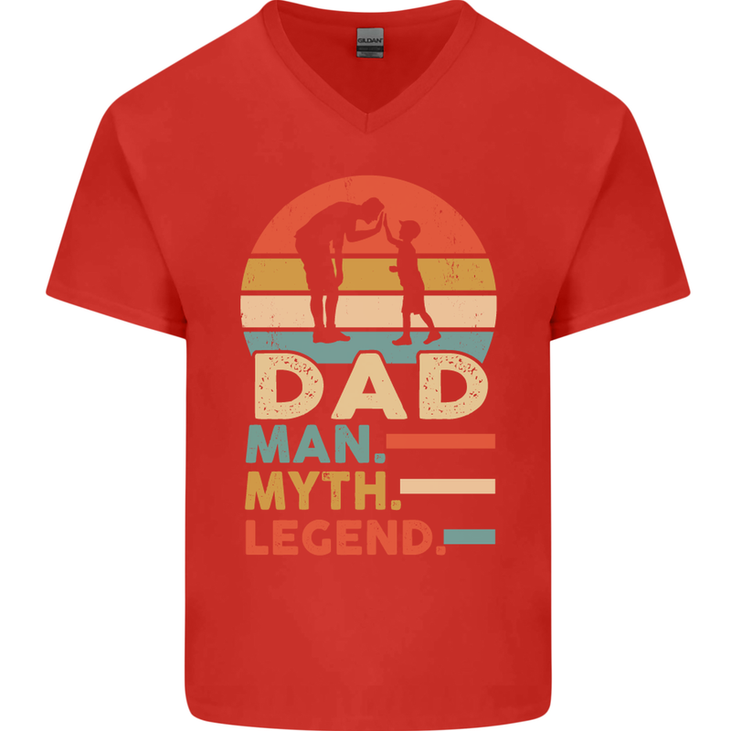 Dad Man Myth Legend Funny Fathers Day Mens V-Neck Cotton T-Shirt Red