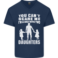 Dad With Two Daughters Funny Fathers Day Mens V-Neck Cotton T-Shirt Navy Blue