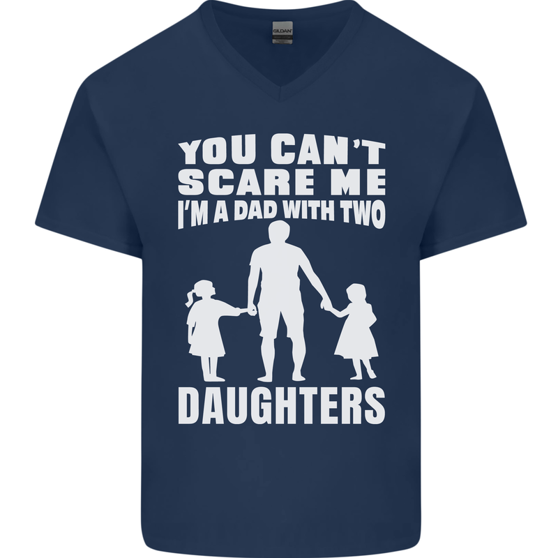 Dad With Two Daughters Funny Fathers Day Mens V-Neck Cotton T-Shirt Navy Blue