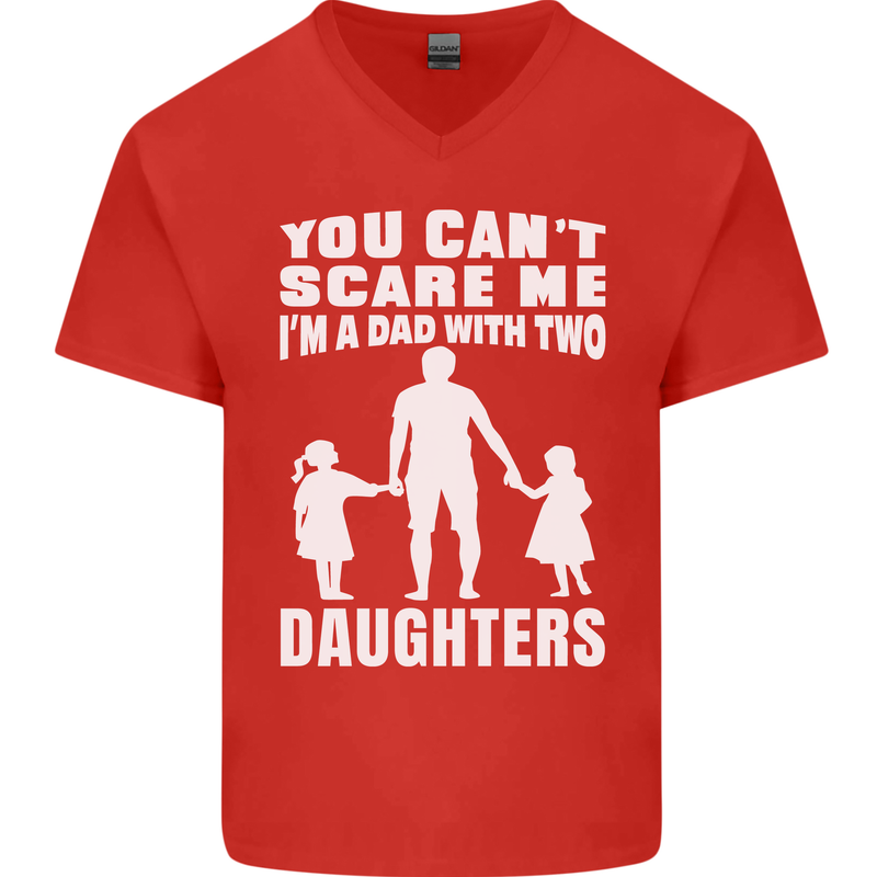 Dad With Two Daughters Funny Fathers Day Mens V-Neck Cotton T-Shirt Red