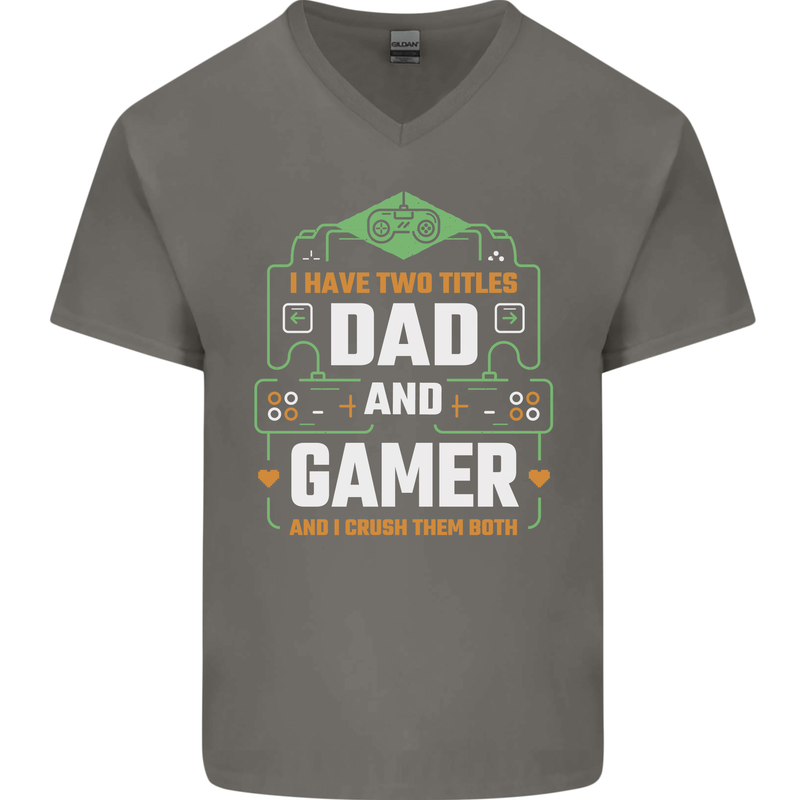 Dad & Gamer Funny Fathers Day Gaming Mens V-Neck Cotton T-Shirt Charcoal