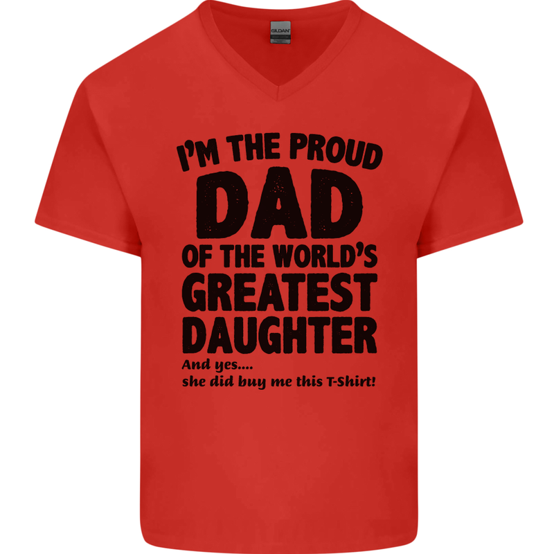 Dad of the Greatest Daughter Fathers Day Mens V-Neck Cotton T-Shirt Red