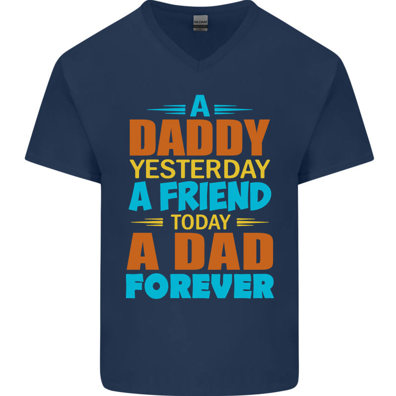 Daddy A Dad Forever Funny Fathers Day Mens V-Neck Cotton T-Shirt Navy Blue