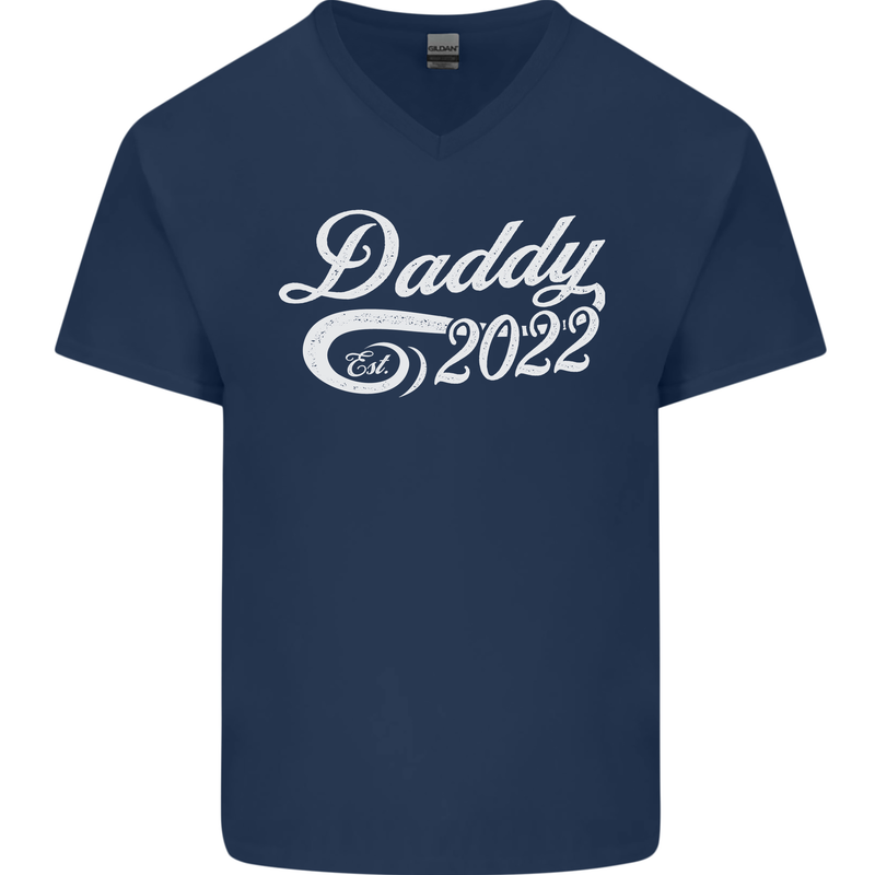Daddy Est. 2022 Funny Father's Day Mens V-Neck Cotton T-Shirt Navy Blue