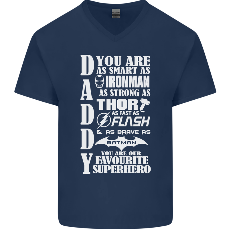 Daddy's Favourite Superhero Father's Day Mens V-Neck Cotton T-Shirt Navy Blue