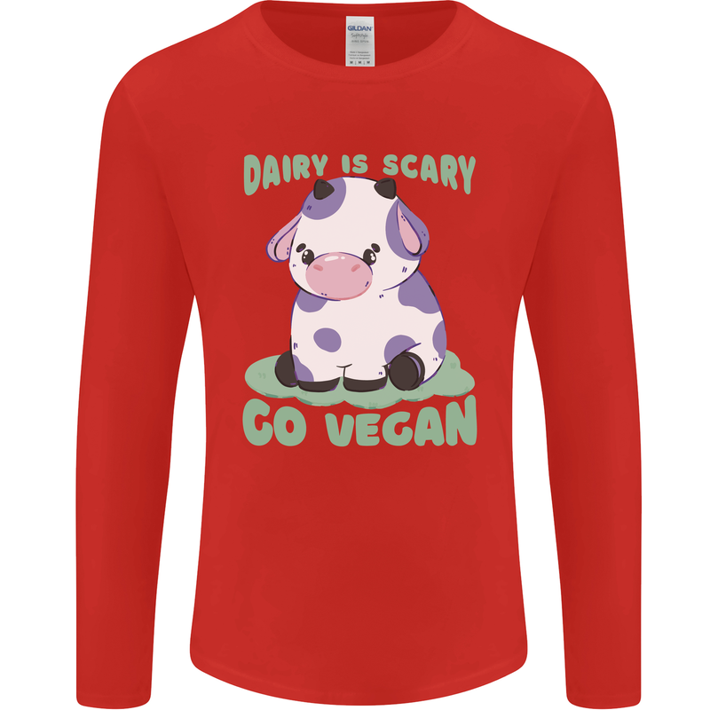 Dairy Is Scary Go Vegan Funny Mens Long Sleeve T-Shirt Red