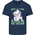 Dairy Is Scary Go Vegan Funny Mens V-Neck Cotton T-Shirt Navy Blue