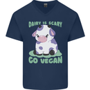 Dairy Is Scary Go Vegan Funny Mens V-Neck Cotton T-Shirt Navy Blue