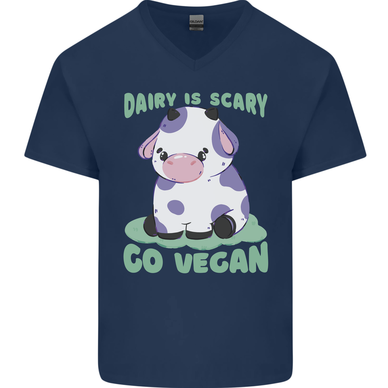 Dairy Is Scary Go Vegan Funny Mens V-Neck Cotton T-Shirt Navy Blue
