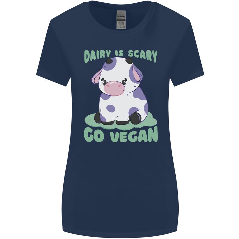 Dairy Is Scary Go Vegan Funny Womens Wider Cut T-Shirt Navy Blue
