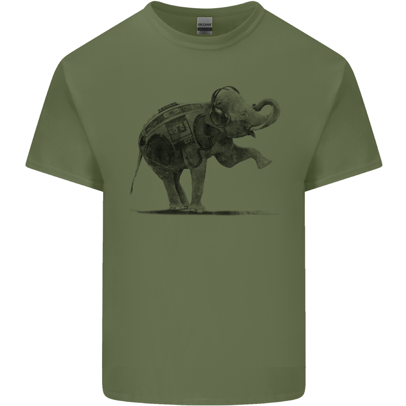 Dancing Musical Elephant Ghetto Blaster Mens Cotton T-Shirt Tee Top Military Green