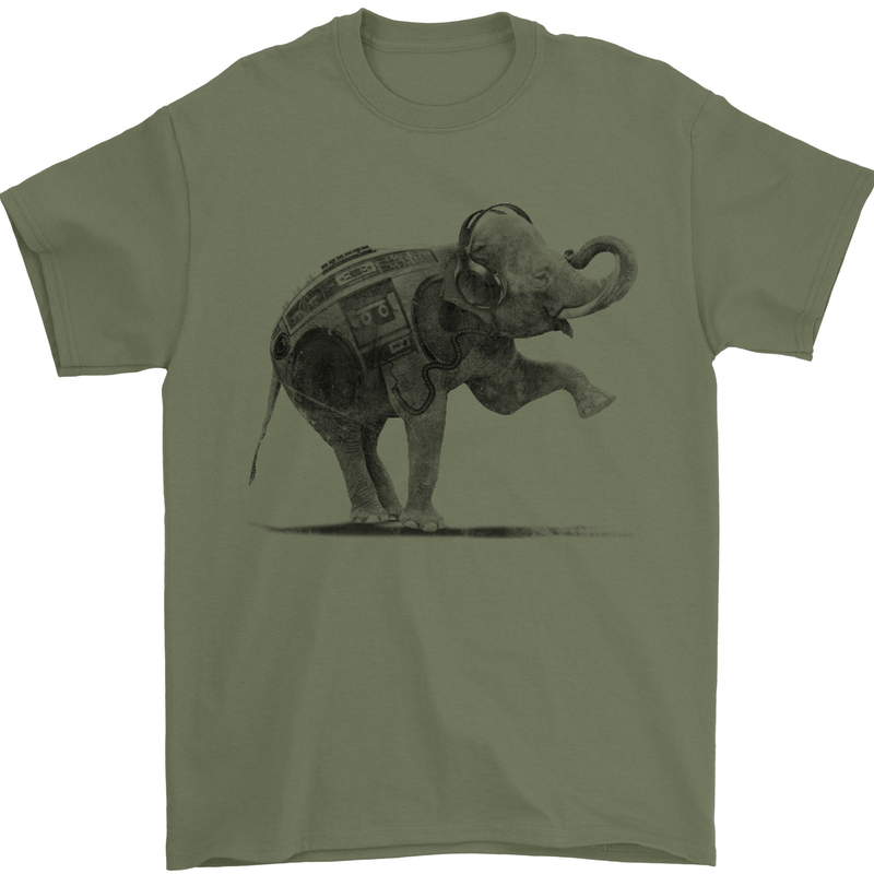 Dancing Musical Elephant Ghetto Blaster Mens T-Shirt Cotton Gildan Military Green