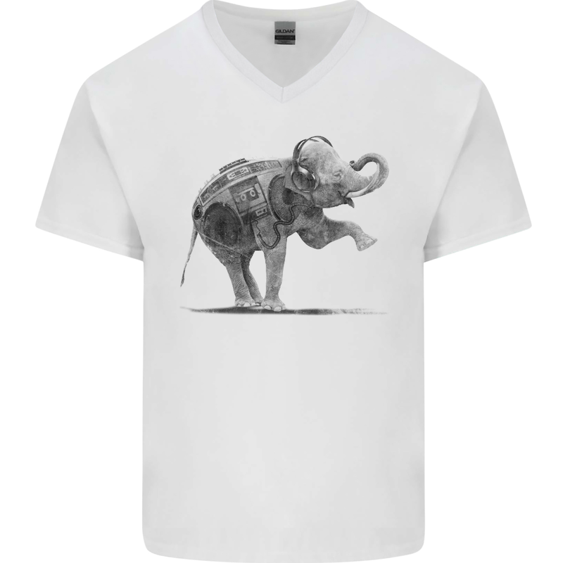 Dancing Musical Elephant Ghetto Blaster Mens V-Neck Cotton T-Shirt White