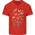 Dandelion Butterfly Plant Gardening Mens V-Neck Cotton T-Shirt Red