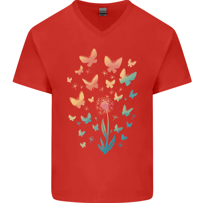 Dandelion Butterfly Plant Gardening Mens V-Neck Cotton T-Shirt Red