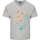 Dandelion Butterfly Plant Gardening Mens V-Neck Cotton T-Shirt Sports Grey