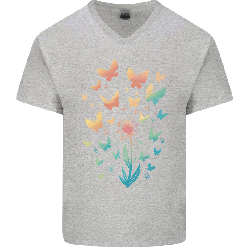Dandelion Butterfly Plant Gardening Mens V-Neck Cotton T-Shirt Sports Grey