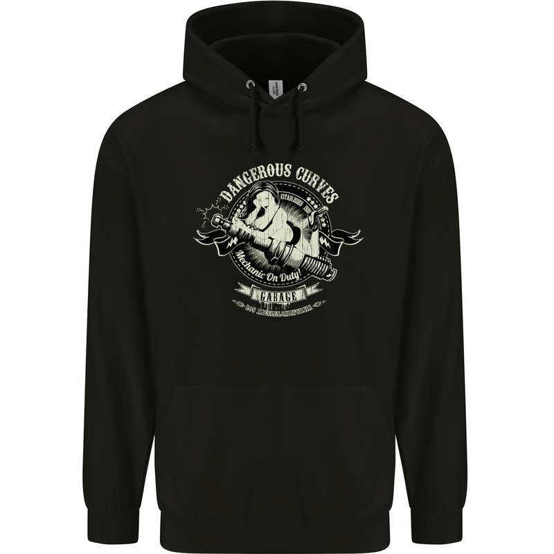 Dangerous Curves Mechanic on Duty Biker Mens Hoodie Black
