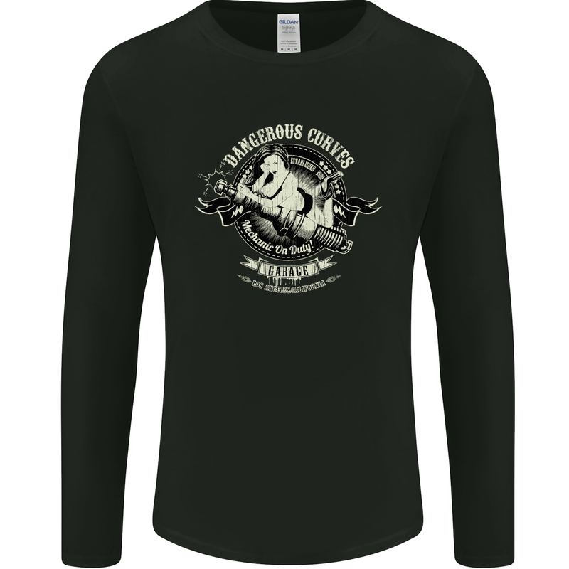 Dangerous Curves Mechanic on Duty Biker Mens Long Sleeve T-Shirt Black
