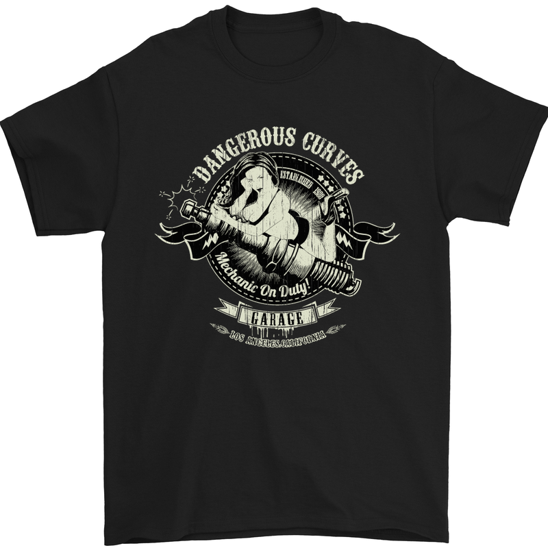 Dangerous Curves Mechanic on Duty Biker Mens T-Shirt Cotton Gildan Black