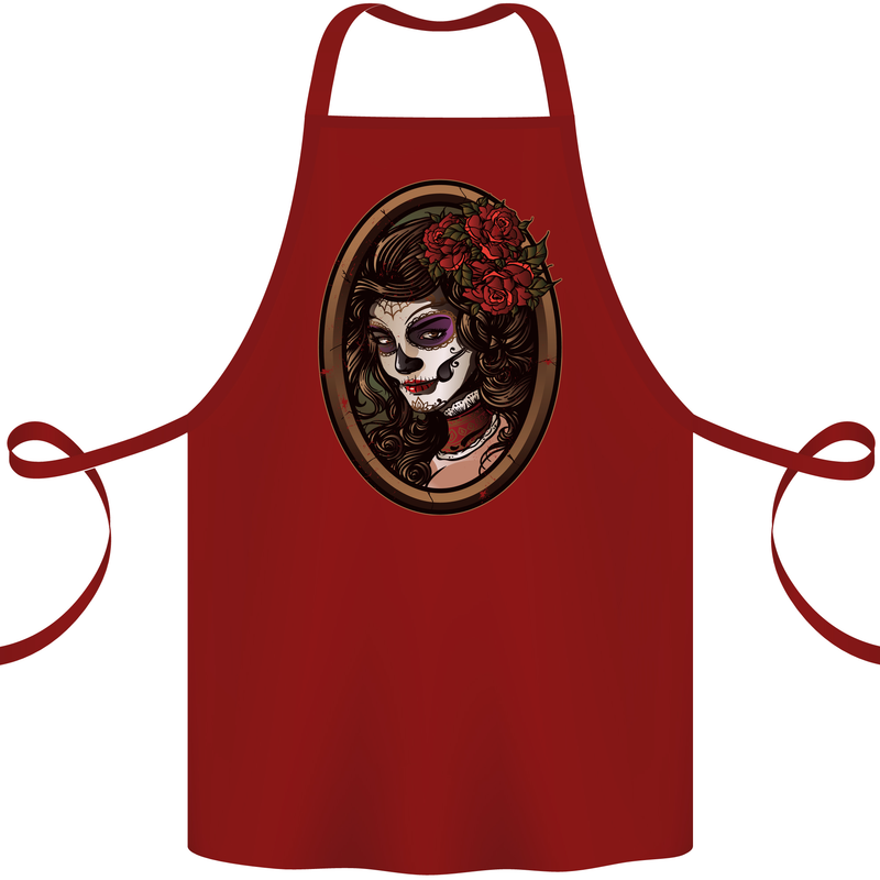 Day of the Dead La Catrina DOTD Sugar Skull Cotton Apron 100% Organic Maroon