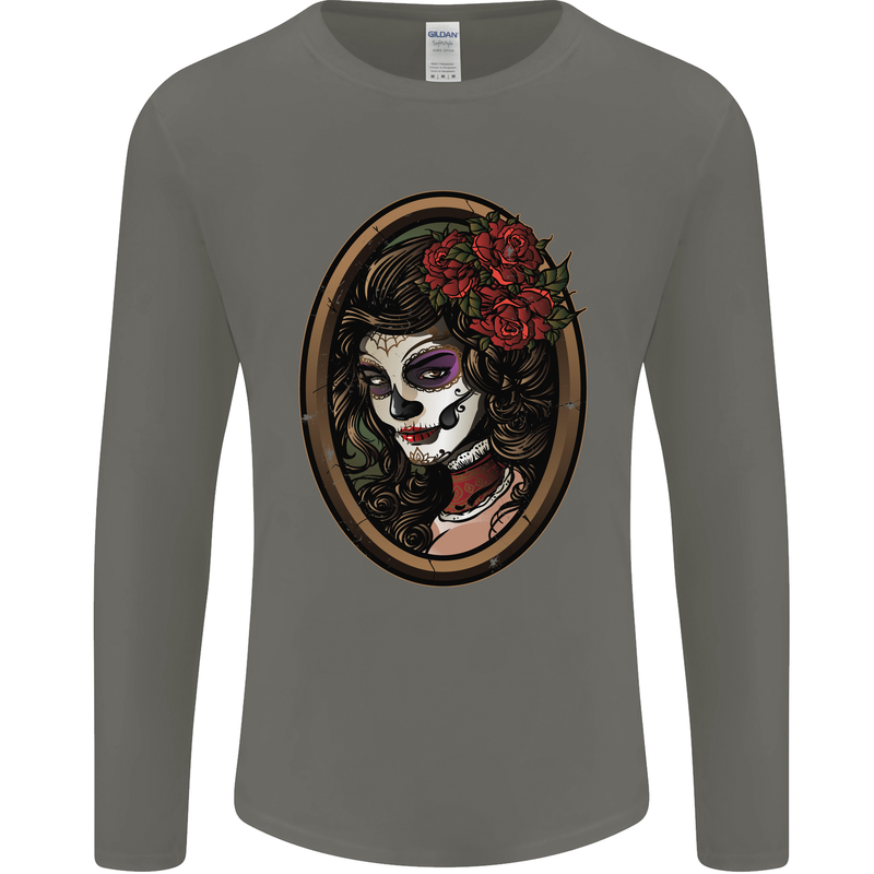 Day of the Dead La Catrina DOTD Sugar Skull Mens Long Sleeve T-Shirt Charcoal