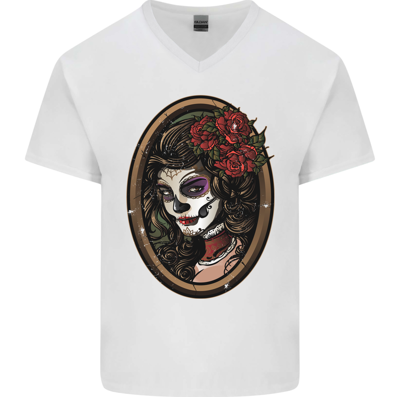 Day of the Dead La Catrina DOTD Sugar Skull Mens V-Neck Cotton T-Shirt White