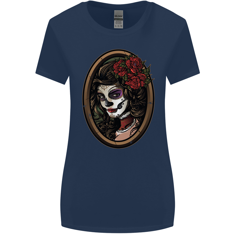 Day of the Dead La Catrina DOTD Sugar Skull Womens Wider Cut T-Shirt Navy Blue