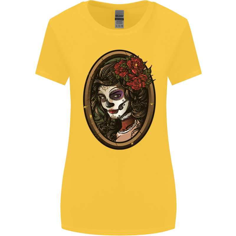 Day of the Dead La Catrina DOTD Sugar Skull Womens Wider Cut T-Shirt Yellow