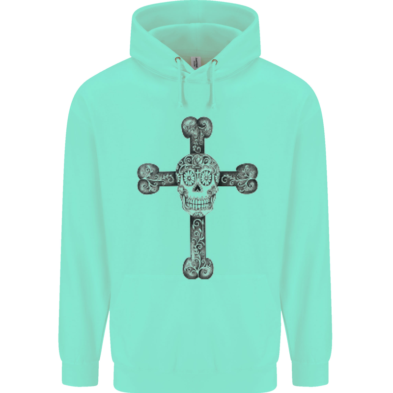 Day of the Dead Sugar Skull Cross Childrens Kids Hoodie Peppermint