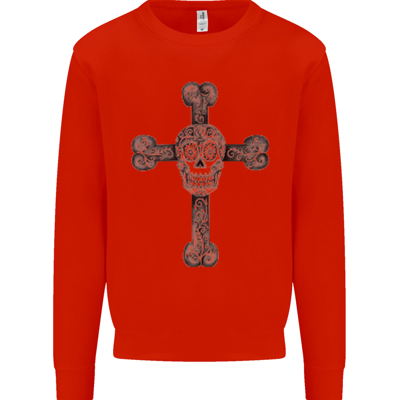 Day of the Dead Sugar Skull Cross Kids Sweatshirt Jumper Bright Red