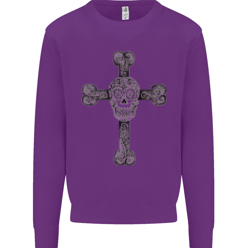 Day of the Dead Sugar Skull Cross Kids Sweatshirt Jumper Purple