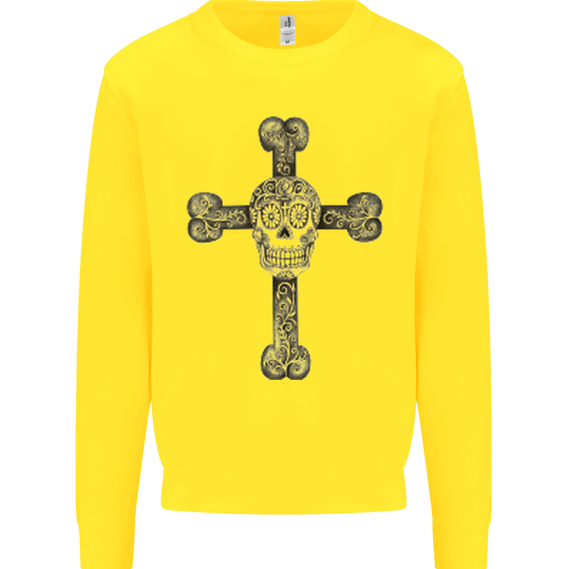 Day of the Dead Sugar Skull Cross Kids Sweatshirt Jumper Yellow