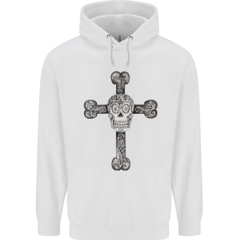 Day of the Dead Sugar Skull Cross Mens 80% Cotton Hoodie White